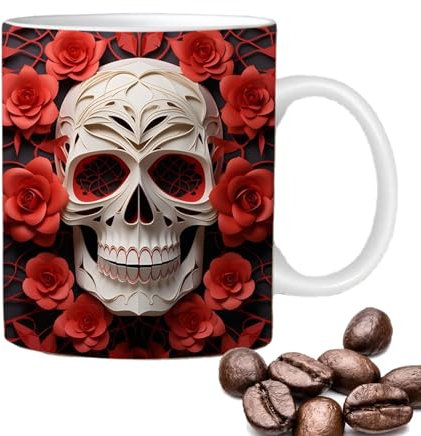 TRISTO Tasse à café avec imprimé floral - Tasse à café tête de mort avec fleur de 350 ml, tasse à café portable en forme de tête de mort avec des couleurs vives, tasse à thé en céramique innovante