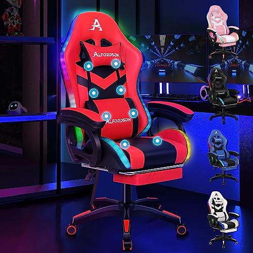 ALFORDSON LED Silla Gaming, Silla Gamer con Masaje de 8 Puntos, Silla de Ordenador Ergonómico con Iluminación RGB con Soporte Lumbar y Reposacabezas, Altura Ajustable, Rojo