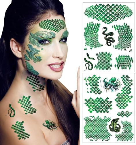 IOPJLK Temporäre Tattoos 2 Stück, Schlangenwaage Tattoos, Schlangenwaage Schablone Fake Tattoos Erwachsene, Medusa Temporäre Gesichtstattoos, Körpertattoos für Fasching Karneval Mottoparty Cosplay
