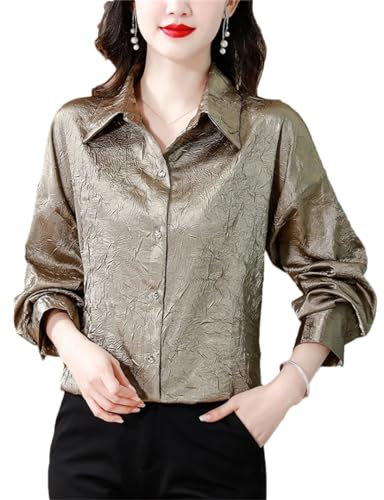 Damen Schwarz Chic Plissee Hemd Langarm Koreanisch Casual Lose Jacke Hemd Büro Top, khaki, Large