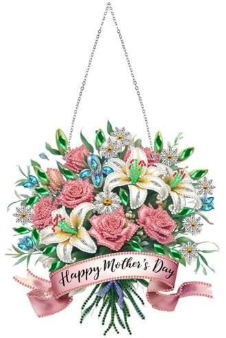 Lebartm Adorno con colgante de diamante para el día de la madre, corona de PVC con forma especial de diamante de cristal para colgar en una sola cara para decoración del hogar, jardín, pared y puerta