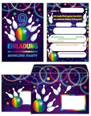 Junaversum 12 Einladungskarten incl. 12 Umschläge zum 9. Kindergeburtstag Bowling Kegeln Jungen Mädchen Einladungen neunte Geburtstag Kinder