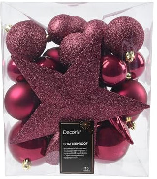 Kaemingk Weihnachtskugeln Kunststoff mit Christbaumstern 33er Set - bruchsichere Christbaumkugeln Weihnachtsbaumkugeln und Christbaumspitze - Christbaumschmuck & Weihnachtsbaumschmuck - Granatapfel