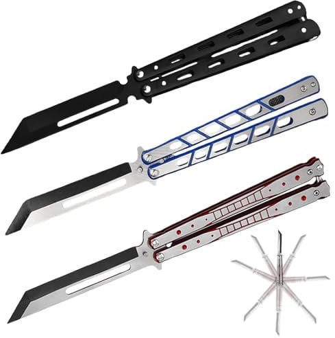 Vaileal 3 Stück Butterfly Trainer, Butterfly Messer zum Üben Ungeschärfte Klinge Übungs Kamm Edelstahl für Trainingsmesser Anfänger Flipping Tricks üBt(Rot+ Schwarz + Blau)