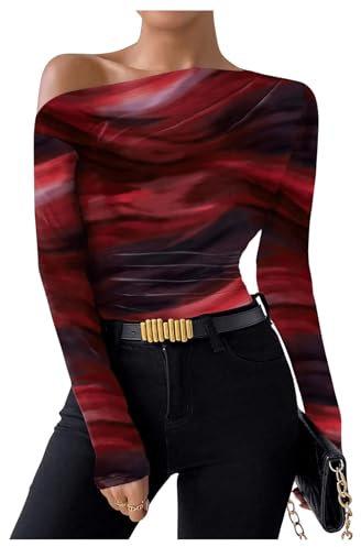GORGLITTER Women's Long Sleeve Off The Shoulder Crop Tops Going Out Slim Fit Y2K T Shirts Red XL