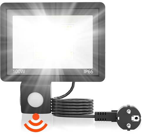 SUBTLETY 100W Außen Sicherheitsbeleuchtung mit Bewegungsmelder Sensor LED Strahler IP66 Aluminium Baustrahler Superhelle Scheinwerfer Fluter Außenlampe für Garten Garage Gehwege (Kaltweiß mit Stecker)