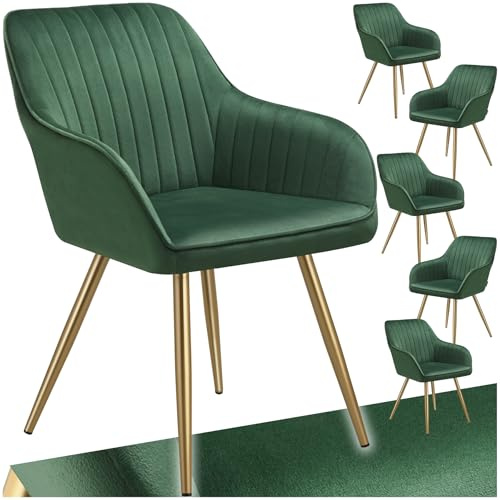 tectake® Set of 6 Dining Chairs with Quilted, Velvet-Look Covers, Softly Padded Armchair Set with Continuous Backrests & Golden Steel Legs, Ideal Kitchen, Living Room & Desk Chairs - Dark Green/Gold