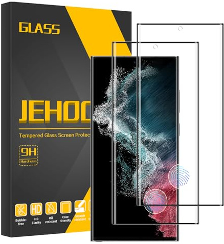 JEHOO 2 Pièces pour Samsung Galaxy S22 Ultra Verre Trempé, Compatible avec Lecteur d’Empreinte, Sans Bulles, Antichoc Anti Rayure, Dureté 9H Vitre Film de Protection Écran