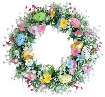 Osterkranz,Ostereierkranz - Künstlicher bunter Eier-Haustürkranz, mit grünen Blättern, baumelnde Dekorationen, Wanddekoration für Tür, Wand, Kaminsims, Feiertagsparty-Dekoration