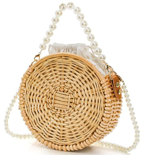Eorbow Runde Rattan-Tasche, 20,3 cm, handgewebter Weidenkorb, Geldbörse, Boho-Crossbody-Handtasche mit Perlen-Griff, Retro-Sommer-Strand-Stroh-Tragetasche für Damen, Beige