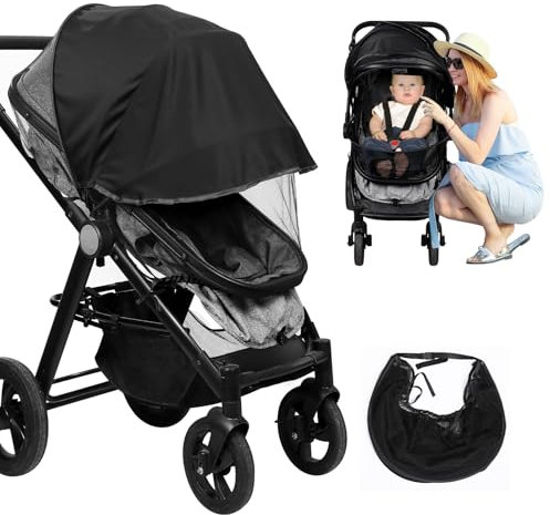 LEMESO Zanzariera Passeggino Universale con Parasole Integrato - Copertura Antizanzare e Protezione Solare per Bambini, con Cerniera(Nero)