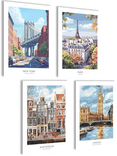 mojoliving Bilder Set London Amsterdam Paris New York Poster England Wandbilder USA Aesthetic Poster Retro Wanddeko Wohnzimmer Bilder Badezimmer Holland Frankreich