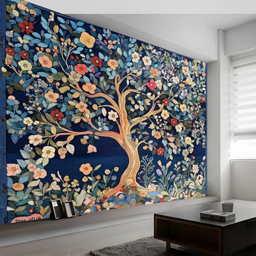 Papier Peint Panoramique Arbre De Vie Fleurs Diversité Couleur Bleu 400 X 280 Cm(Wxh) Poster Géant Mural 3D,Décoration Murale Premium,Pour Salon,Chambre Adulte,Chambre D'Enfants & Bureau