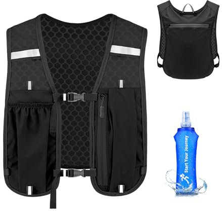 Running Vest With 500ml Soft Water Bottle for Women Men, Adjustable Chest Straps Running Hydration Vest for Phone, Keys, Towels, Lightweight Breathable Hydration Backpack for Marathon Jogging Cycling