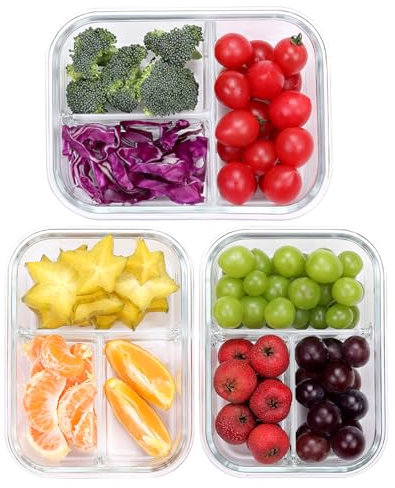 Liliume Meal Prep Cajas de cristal con 3 compartimentos (3 unidades, 1040 ml) para preparar alimentos con separador, control de porciones, herméticas, para horno y congelador