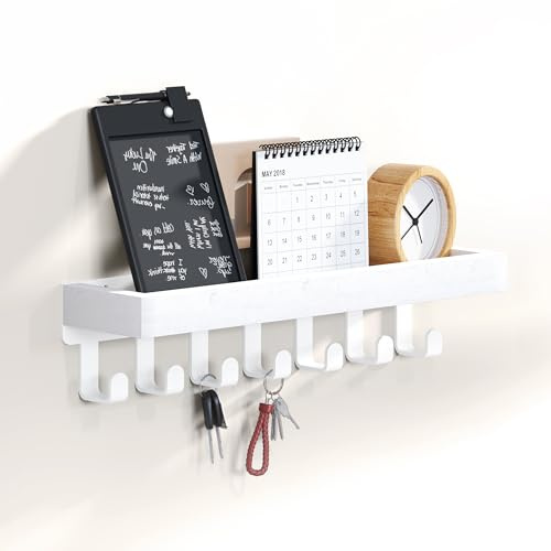 SWTYMIKI Schlüsselbrett mit Holztablett und 7 Haken - Multifunktionales Schlüsselhalter/Schlüsselboard, Schlüsselbrett mit Ablage für Flur, Schlafzimmer & Küche, Hängen Küchenbesteck