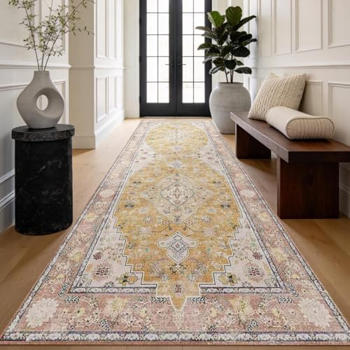 HiChiclife Teppich Läufer Gelb 80x300 cm, rutschfest & Waschbar, Orientalischer Vintage Flur Teppich, Weicher Kurzflor Küchenläufer
