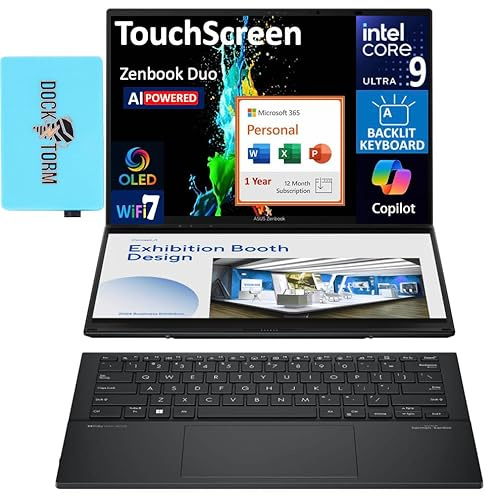 ASUS Zenbook Duo AI Powered 2-in-1 Laptop 14.0 Touchscreen OLED WUXGA Display (Intel Ultra 9-285H, 32GB LPDDR5X, 2TB PCIe SSD, Backlit KB, Win 11 Pro) w/MS 365 Personal, DKZ USB Port Expander