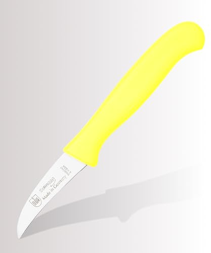 RÖR® Schälmesser Gebogene Klinge Neon-Gelb - Extra scharf durch Handabzug, ergonomischer Kunststoffgriff, für Obst & Gemüse, rostfreier Edelstahl, für Küche & Gastronomie - Made in Solingen, Germany