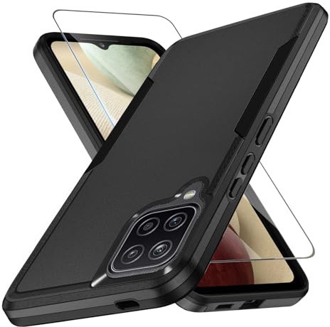 KOGENG Handyhülle für Samsung Galaxy A12 Hülle mit Schutzfolie, Matt PC Hard Rückseite Anti-Fingerabdruck Kratzfest TPU Bumper Stoßfest Haltbar Schutzhülle für Samsung A12 5G Case Cover (Schwarz)