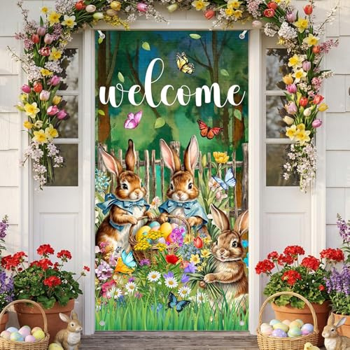 Shyllin Ostern Tür Abdeckung Dekoration,180x90cm,Hängen Easter Banner,Haustür Decke Türabdeckung,Party Frühling Deko, Für Veranden, Osterfeiern, Wanddekorationen und Fotohintergründe
