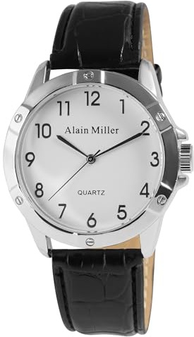 Alain Miller Herren Armbanduhr aus Kunstleder in Schwarz, in Einer Länge von 24 cm, Klassisches Design für jeden Mann