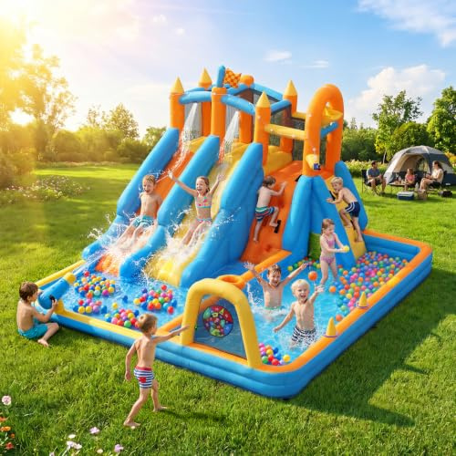 AONESY Bounce House with Slide 2 Slides: 10-in-1 Inflatable Water Slide Bounce House for Kids Age 3-10 with Climbing Wall, Water Cannon, Splash Pool, Wet & Dry, 550W Blower, Backyard Fun