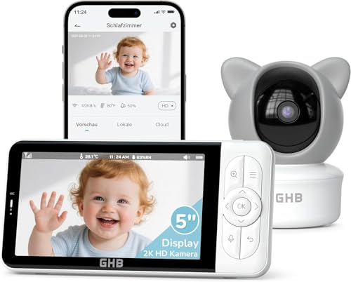 GHB Camara Vigilancia Bebe App WiFi 2K 5 Pulgadas con Camara PTZ 350°/65° | Vigilabebes Detección de Movimiento/Sonido/Temperatura/Humedad Visión Nocturna 4XZoom VOX Control de Monitor y Movil