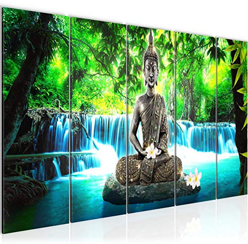 Runa Art Wandbild XXL Buddha Wasserfall Wohnzimmer Schlafzimmer 200 x 80 cm Blau Grün 5 Teilig - Made in Germany - 503555b