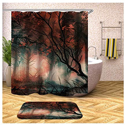 Daesar Wald Badematte Waschbar 40x60 Badvorhang Duschvorhang 150x200 cm, Badematten 2Teilig