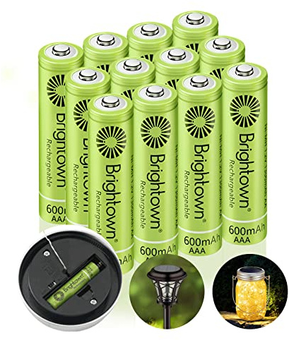 Brightown 12-Pack Rechargeable AAA Batteries, 600mAh NiMH Precharged Triple A Solar Batteries for Solar Lights and Household Devices, Low-self Discharge, Up to 1200 Cycle Times, UL Certified, 1.2V