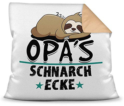 Kuschel-Kissen inkl. Füllung mit Spruch für Opa - Opas Schnarch-Ecke - Geschenk-Idee Geburtstag Vatertag/Bestes Vatertagsgeschenk - Farbkissen Rückseite Beige