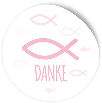 itenga 100x Sticker Aufkleber I Fisch Danke Rosa I zum Basteln von Gastgeschenken I für Taufe, Kommunion, Konfirmation oder Firmung I 4,0 cm rund