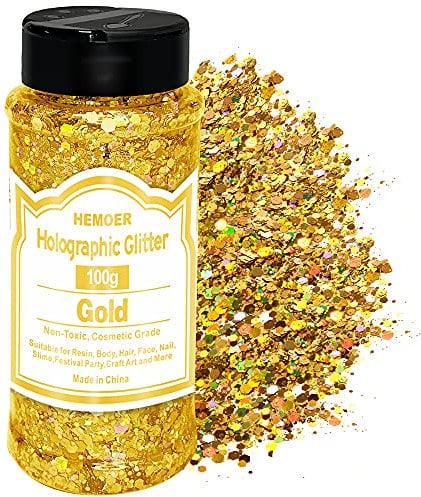 HEMOER Holographic Chunky Glitter, 100g Gold Chunky Sequins Glitter, Cosmetic Craft Glitters for Resin, Face, Nail, Body, Crafts, Slime Festival Party Art and More-3.52oz/Bottle