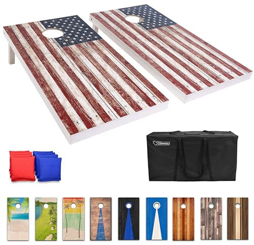 GoSports Cornhole Board Set aus Holz, rustikales amerikanisches Flaggen-Design, inklusive 2 Brettern, 8 Sitzsäcken, Tragetasche und Spielregeln