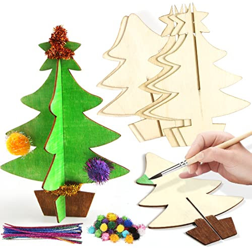 Bluelves 10 Stück 3D-Weihnachtsbaum aus Holz Weihnachtsdekoration,DIY Weihnachts Basteln,Bastelset Weihnachten Holz Deko,Weihnachts-Weihnachtsbaumschmuck,Weihnachtsbaum-Bastelset für Kinder
