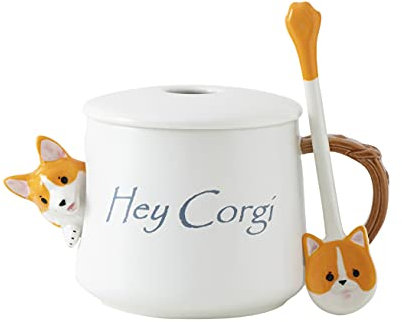 DIHOclub coffee mug,novelty Corgi dog ceramic mug with lid and cute Corgi spoons ,large mug for tea milk beer, unique gifts for dog lovers, (white)