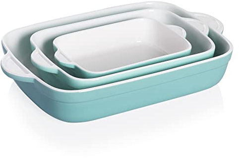 Sweejar Casserole Dishes for Oven, Ceramic Bakeware Set of 3, Lasagna Pan Deep with Handle, Rectangular Baking Pan Set, 9x13 Baking Dish for Cooking, Banquet and Daily Use (Turquoise)