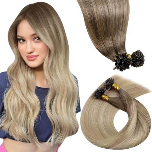 LaaVoo U Tip Hair Extensions Real Human Hair Balayage Light Brown to Dark Blonde and White Blonde Human Hair Extensions 16 Inch 50g 50 Strands Remy Straight Hair Extensions #8/18/60