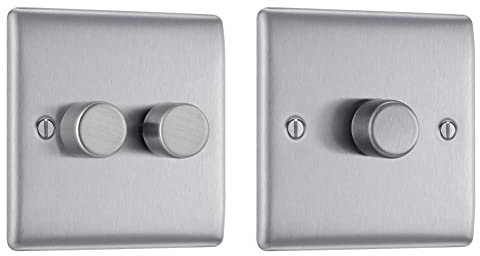 BG Electrical Double Dimmer Intelligent Light Switch, Brushed Steel, 2-Way & Single Dimmer Intelligent Light Switch, Brushed Steel, 2-Way