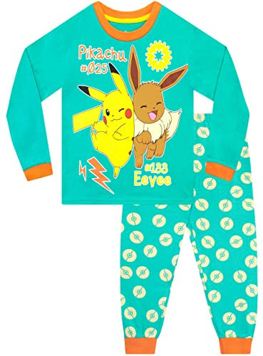 Pokémon Unisex Kinder Pikachu und Eevee Schlafanzug Langärmelige Nachtwäsche für Kinder Grün 128