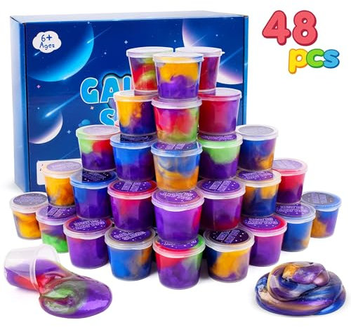 48 Pack Fluffy Galaxy Making Slime kit for Kids, Mini Easter Slime Party Favor, Bulk Putty Cheap Toy for Girls and Boys for Sensory and Tactile Stimulation, Bag Fillers, Soft Non-Sticky