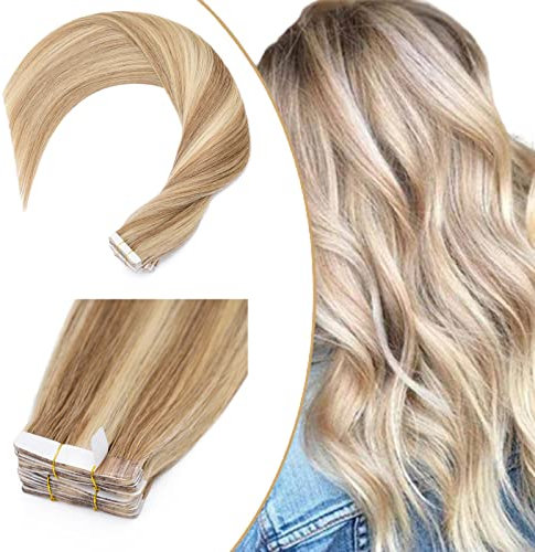 UK-Fashion-Shop Tape Extensions Echthaar 40g - Haarverlängerung 100% Echthaar Extensions Tape In glatt #18/613 Light Aschblond/Weißblond 30cm