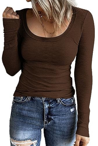 TrendiMax Womens Long Sleeve Knitted Tops Ladies Crew Neck Fitted Tunic T Shirts Dark Brown