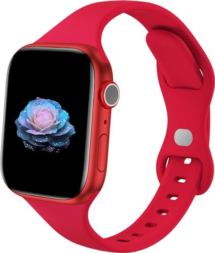 Sycamond Thin Silicone Band Compatible with Apple Watch 41mm 40mm 38mm 42mm, Slim Narrow Replacement Sport Strap Wristband for iWatch Series 11 10 9 8 7 6 5 4 SE 3 2 1 Women Men, S/M Red