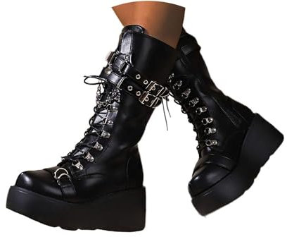 EGSDMNVSQ Stivali al Ginocchio Donna Stivali con Plateau Punk Gotico Stivali Invernali Zeppe con Cerniera Scarpe Stivali da Moto Stivali al Polpaccio Medio Boots da Cavaliere Piatti