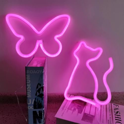 HFHungkeong Batteriebetriebener Schmetterling, neonrosa Katze, LED-Neon-Nachtlicht für Spielzimmer, Wohnzimmer, Schlafzimmer, Studentenwohnheim, Wanddekoration, Nachtlicht-Ornament