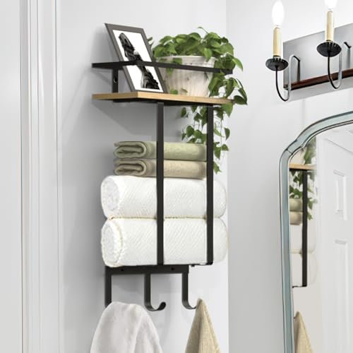 Luxspire Porte-Serviettes de Salle de Bain Mural, Support Serviettes de Bain avec 3 Crochets, Étagère de Rangement de Bain Peut Contenir 3 Serviettes Roulées pour Gel Douche Shampoing, Bois Rustique