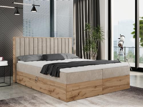 MKS MEBLE Boxspringbett 180x200 mit Bettkasten Holz Holzrahmen, Boxbett 180x200 mit Matratze H3 und Kopfteil - Beige Matana 17 - Albero-4