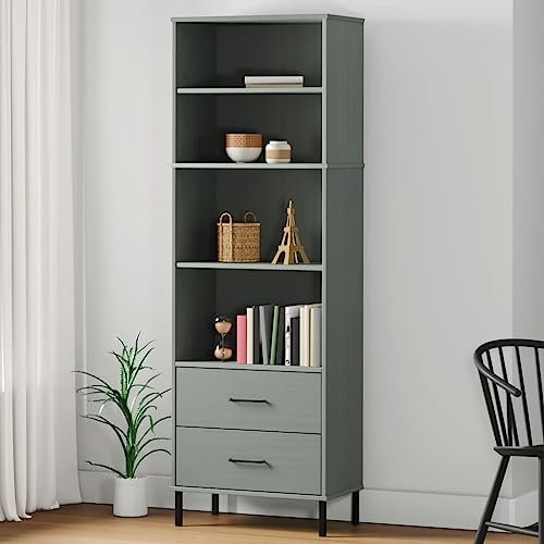 Bücherregal OSLO mit 2 Schubladen Grau,Spielzeug-Regal,Regale,Business-Regale,Dekorative Regale,Ausstellungsregale,Büro-Regal,für Wohnzimmer,Schlafzimmer,Home Office,Flur,60x35x180 cm Massivholz